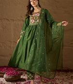 Women green silk blend solid embroidered straight kurta trouser and dupatta