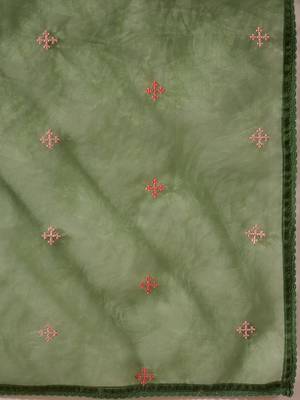 Women green silk blend solid embroidered straight kurta trouser and dupatta 5