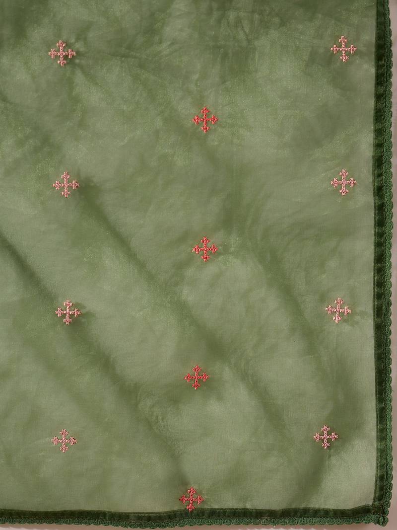 Women green silk blend solid embroidered straight kurta trouser and dupatta