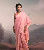 pink handloom cotton brocade saree with tassels