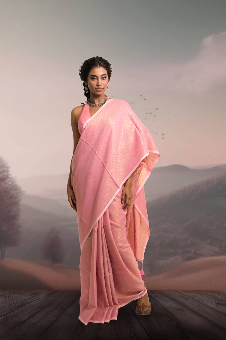 pink handloom cotton brocade saree with tassels