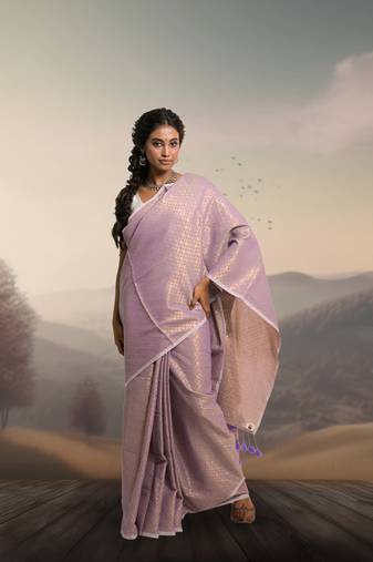lavender handloom cotton brocade saree with tassels