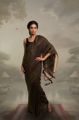 dark brown handloom mul cotton saree with zari stripes 1