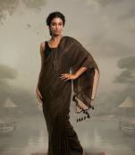 dark brown handloom mul cotton saree with zari stripes