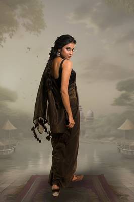 dark brown handloom mul cotton saree with zari stripes 2