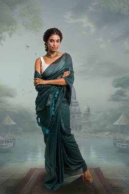 viridian green handloom mul cotton saree with zari stripes 1