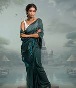 viridian green handloom mul cotton saree with zari stripes