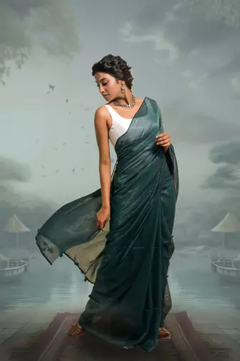 viridian green handloom mul cotton saree with zari stripes
