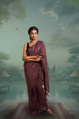 burgundy handloom mul cotton saree with zari stripes 1
