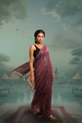 burgundy handloom mul cotton saree with zari stripes 3