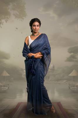 navy blue handloom mul cotton saree with zari stripes 1