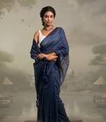 navy blue handloom mul cotton saree with zari stripes
