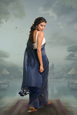 navy blue handloom mul cotton saree with zari stripes 2