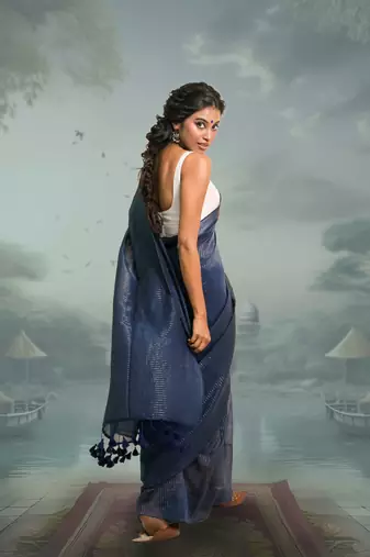 navy blue handloom mul cotton saree with zari stripes