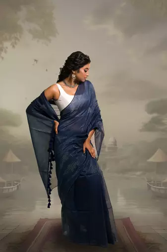 navy blue handloom mul cotton saree with zari stripes