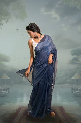 navy blue handloom mul cotton saree with zari stripes 4