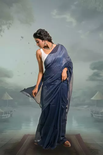 navy blue handloom mul cotton saree with zari stripes
