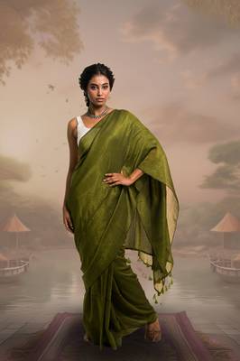 olive green handloom mul cotton saree with zari stripes 1