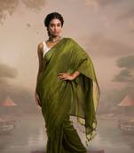 olive green handloom mul cotton saree with zari stripes