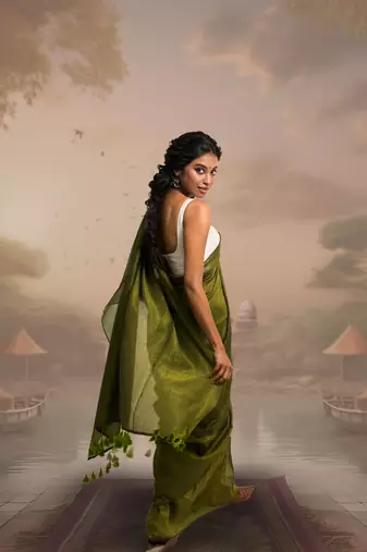 olive green handloom mul cotton saree with zari stripes
