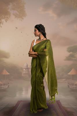 olive green handloom mul cotton saree with zari stripes 3
