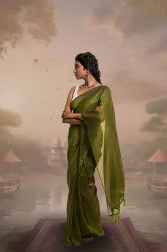 olive green handloom mul cotton saree with zari stripes
