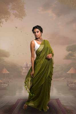 olive green handloom mul cotton saree with zari stripes 4