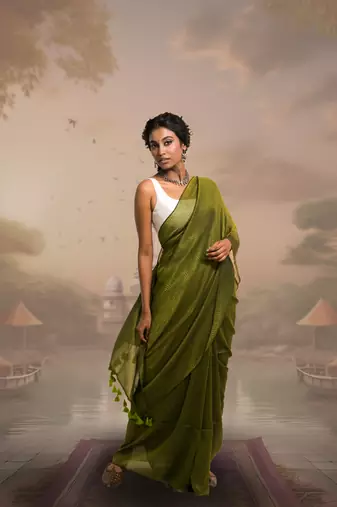 olive green handloom mul cotton saree with zari stripes