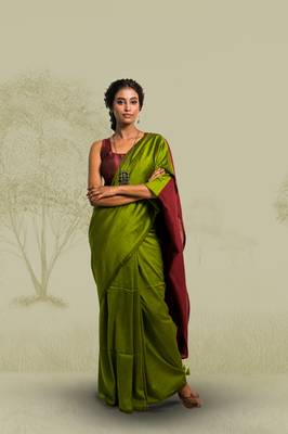 olive green handloom cotton acrylic saree 1