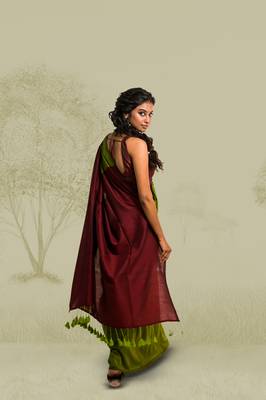 olive green handloom cotton acrylic saree 2