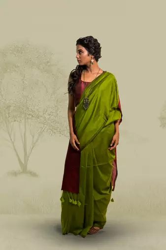 olive green handloom cotton acrylic saree