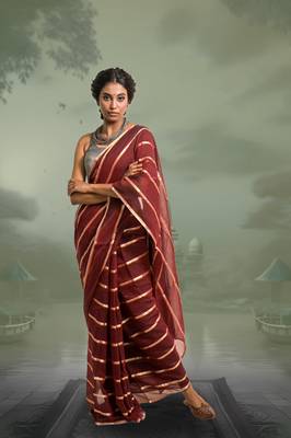 maroon handloom mul cotton saree with zari stripes 1