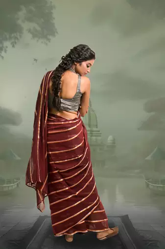 maroon handloom mul cotton saree with zari stripes