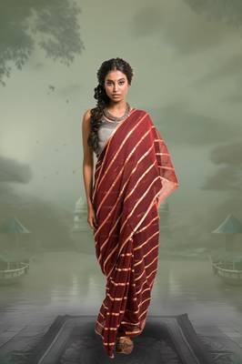 maroon handloom mul cotton saree with zari stripes 3