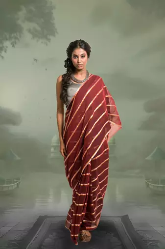 maroon handloom mul cotton saree with zari stripes
