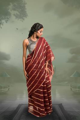 maroon handloom mul cotton saree with zari stripes 4