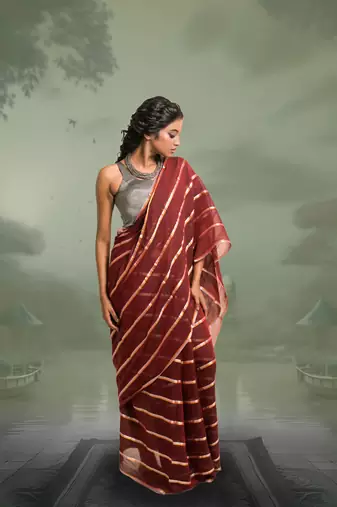 maroon handloom mul cotton saree with zari stripes