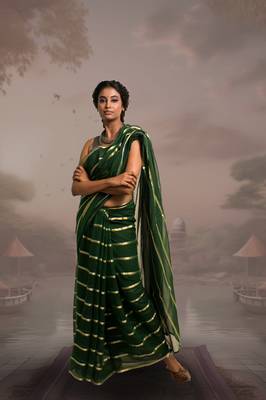 green handloom mul cotton saree with zari stripes 1