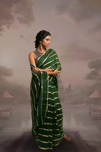green handloom mul cotton saree with zari stripes