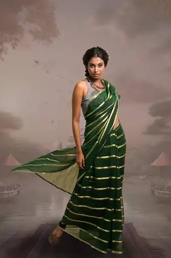 green handloom mul cotton saree with zari stripes