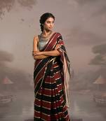 maroon and black handloom mul cotton saree with zari stripes