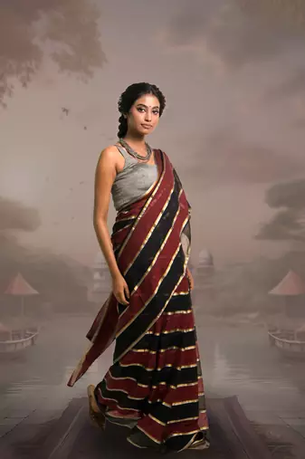 maroon and black handloom mul cotton saree with zari stripes