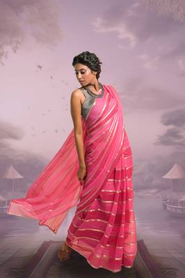 red and pink handloom mul cotton saree with zari stripes 1