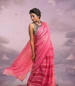 red and pink handloom mul cotton saree with zari stripes