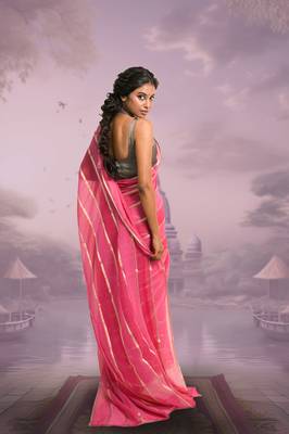 red and pink handloom mul cotton saree with zari stripes 2