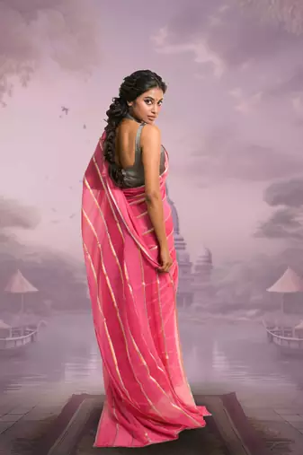 red and pink handloom mul cotton saree with zari stripes