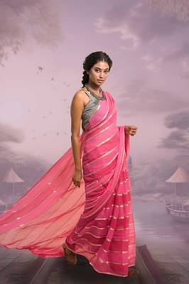 red and pink handloom mul cotton saree with zari stripes 3