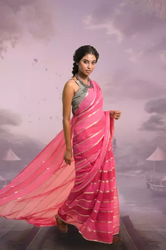 red and pink handloom mul cotton saree with zari stripes