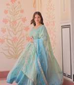 Sky Blue organza zari sequins embroidered flared gown with heavy dupatta