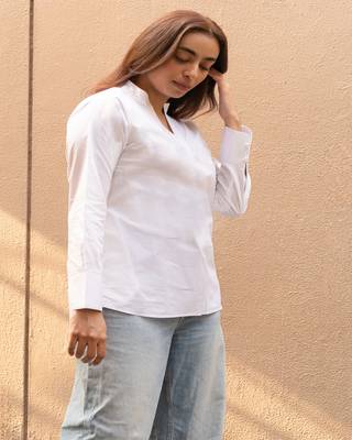 White cotton solid mandarin collar top 2